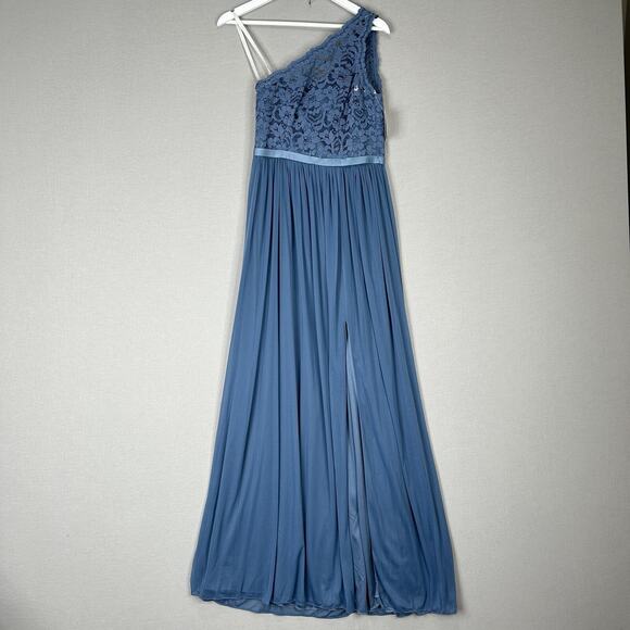 David's Bridal Dress Women 4 Steel Blue Lace One Shoulder Gown Bridesmaid Formal - Picture 2 of 13